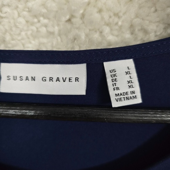 Susan Graver Top Women Large Tunic Blue Liquid Knit 3/4 Sleeve Flowers Career‎ - Picture 4 of 11